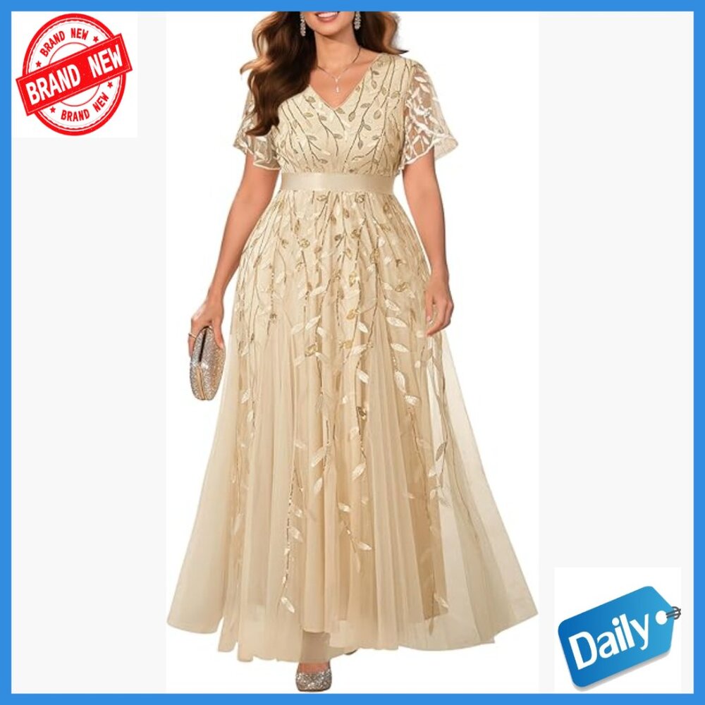 Plus Size Formal Evening Gown Sequin Embroidery V-Neck Prom Dress